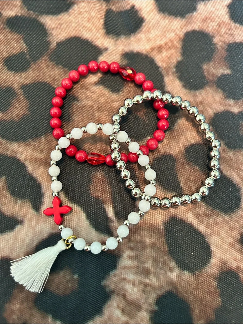 Red, White and Silver Beaded Bracelet Stack with White Tassel